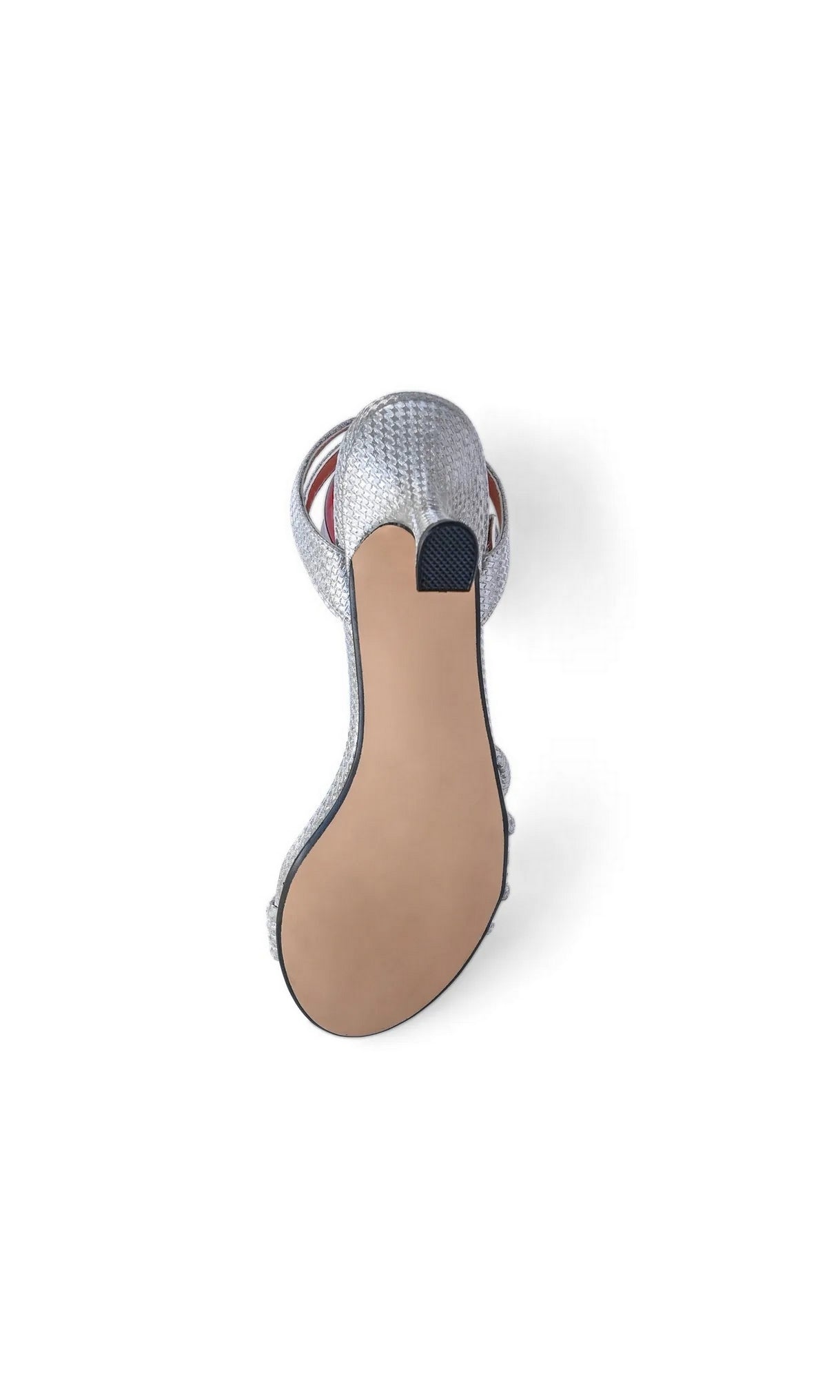 Underside view of Olive Silver Prom Shoes: Touch Ups 4790, a silver glitter strappy kitten heel with a tan sole and black heel tip.